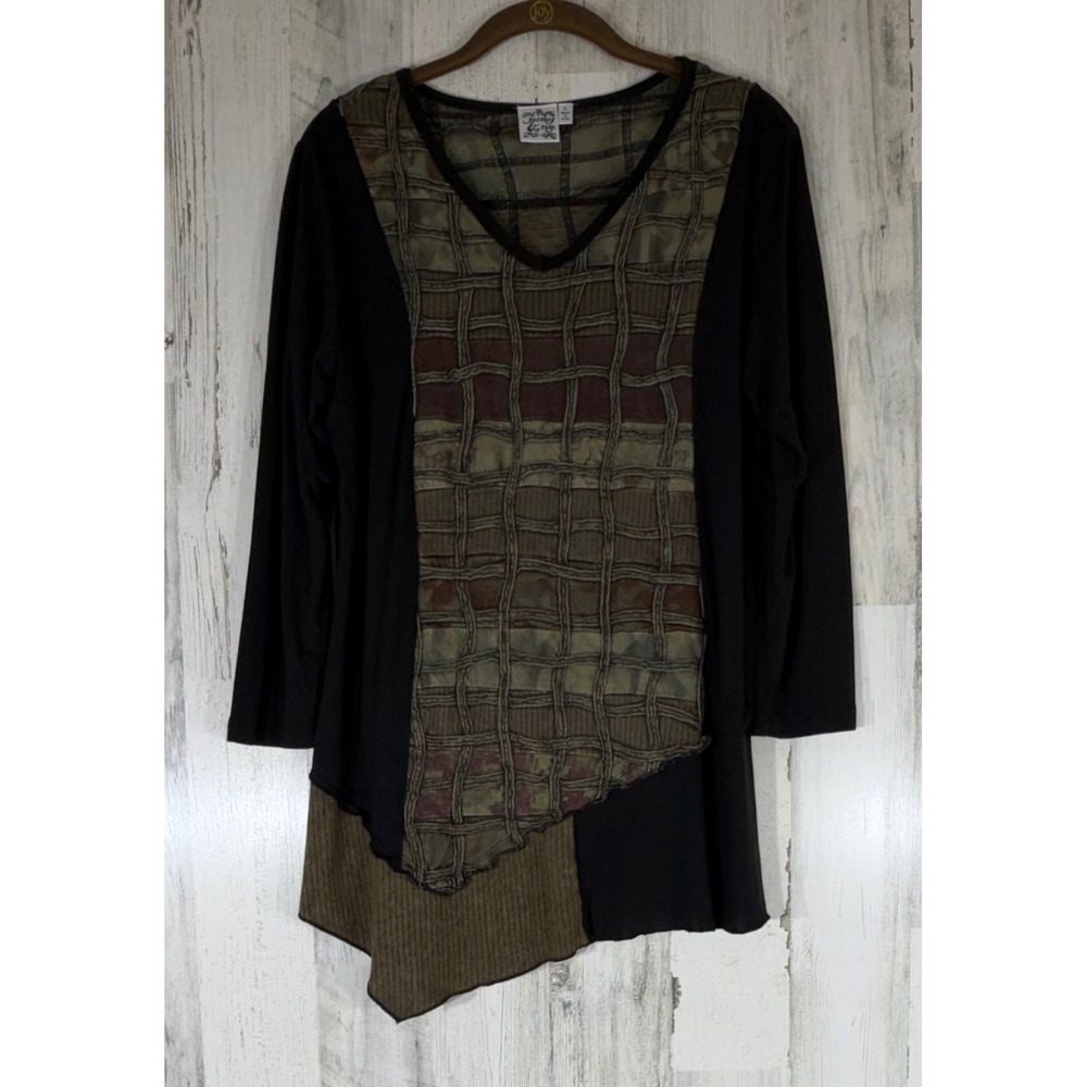Parsley & Sage Tunic Top Large Black Green Asymmetrical Art to Wear Mixed Media